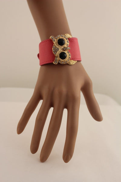 Aqua Blue / Pink / Light Pink / Black Faux Leather Strap Nude Bracelet Gold Metal Owl Head Black Rhinestone Fashion New Women Jewelry Accessories - alwaystyle4you - 24