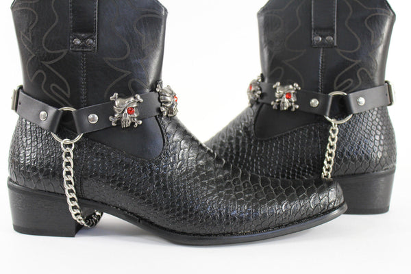 Fashionable Biker Western Boots Bracelets Chain Black Leather 2 Straps Silver Skull Skeleton - alwaystyle4you - 4