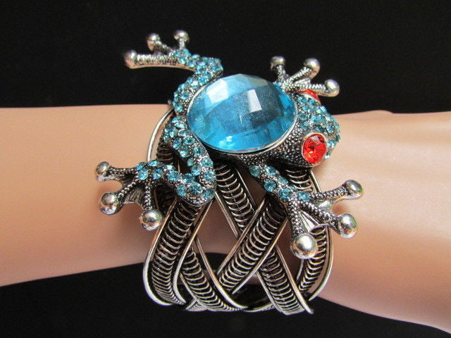 Silver Metal Cuff Bracelet Big Frog Black/Blue/ White Rhinestone Beads Red Eye Women Fashion Jewelry Accessories - alwaystyle4you - 1