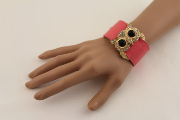 Aqua Blue / Pink / Light Pink / Black Faux Leather Strap Nude Bracelet Gold Metal Owl Head Black Rhinestone Fashion New Women Jewelry Accessories - alwaystyle4you - 25