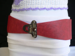 Red / Black / Gray / Dark Brown  Faux Leather Elastic Waist Hip Belt Silver Metal Hook Buckle Women Fashion Accessories S M - alwaystyle4you - 1