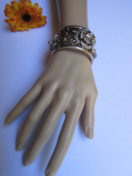 Silver Pewter Elastic Metal Bracelet Rhinestones Roses Flowers New Women Fashion Jewelry Accessories - alwaystyle4you - 9