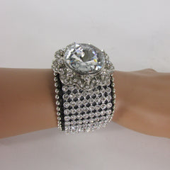 Silver Crystals Large Flower Black Leather Multi Rhinestone Bracelet Women Fashion Jewelry Accessories - alwaystyle4you - 1
