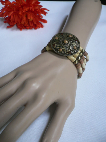 Beige Brown Wood Cream / Brown Bracelet Gold Dots Beads Native Style Fashion New Women Jewelry Accessories - alwaystyle4you - 29