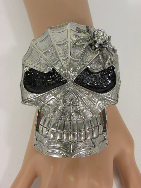 Silver Metal Cuff Bracelet Large Skull Rhinestones Spider Net Mask Skeletons - Halloween New Women Fashion Jewelry - alwaystyle4you - 6