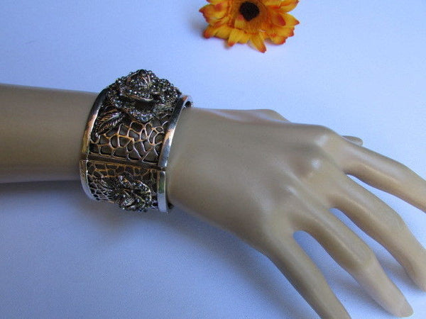 Silver Pewter Elastic Metal Bracelet Rhinestones Roses Flowers New Women Fashion Jewelry Accessories - alwaystyle4you - 12