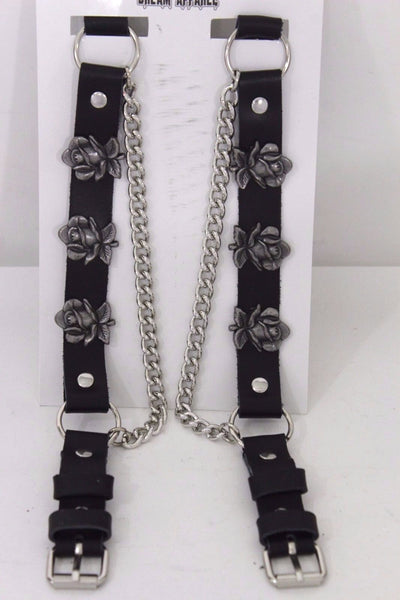Silver Boot Chain Bracelet Pair Black Leather Straps Rose Flowers New Western Women Men - alwaystyle4you - 6