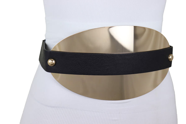 Brand New Women Black Elastic Wide Bling Fashion Belt Hip Waist Oval Gold Metal Plate S M