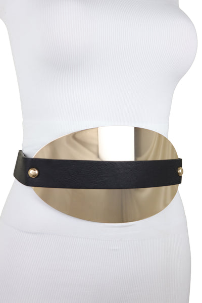 Brand New Women Black Elastic Wide Bling Fashion Belt Hip Waist Oval Gold Metal Plate S M