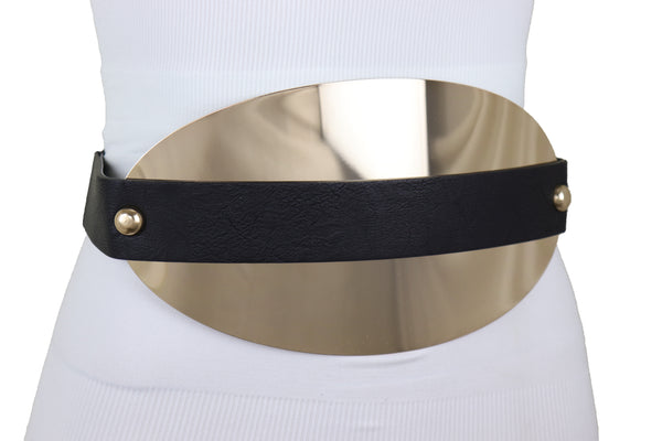 Brand New Women Black Elastic Wide Bling Fashion Belt Hip Waist Oval Gold Metal Plate S M