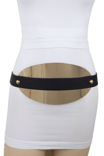 Brand New Women Black Elastic Wide Bling Fashion Belt Hip Waist Oval Gold Metal Plate S M