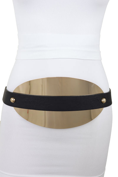 Brand New Women Black Elastic Wide Bling Fashion Belt Hip Waist Oval Gold Metal Plate S M