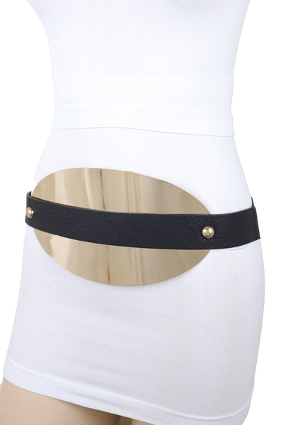 Brand New Women Black Elastic Wide Bling Fashion Belt Hip Waist Oval Gold Metal Plate S M