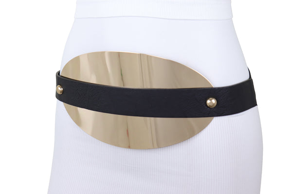 Brand New Women Black Elastic Wide Bling Fashion Belt Hip Waist Oval Gold Metal Plate S M