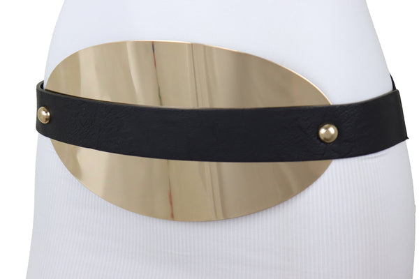 Brand New Women Black Elastic Wide Bling Fashion Belt Hip Waist Oval Gold Metal Plate S M