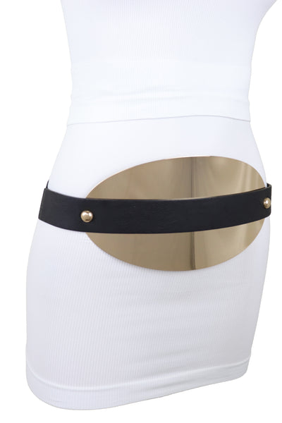 Brand New Women Black Elastic Wide Bling Fashion Belt Hip Waist Oval Gold Metal Plate S M