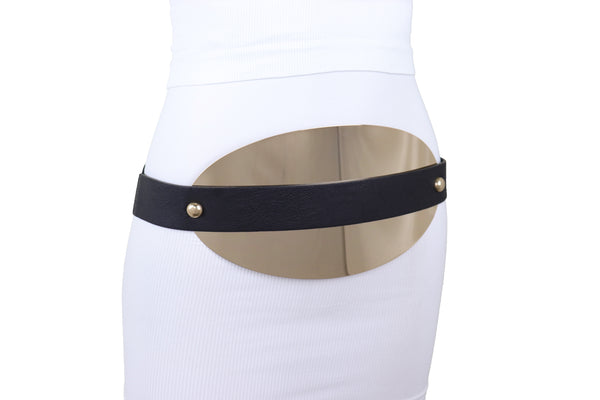 Brand New Women Black Elastic Wide Bling Fashion Belt Hip Waist Oval Gold Metal Plate S M