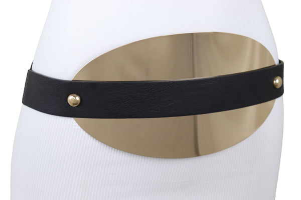 Brand New Women Black Elastic Wide Bling Fashion Belt Hip Waist Oval Gold Metal Plate S M