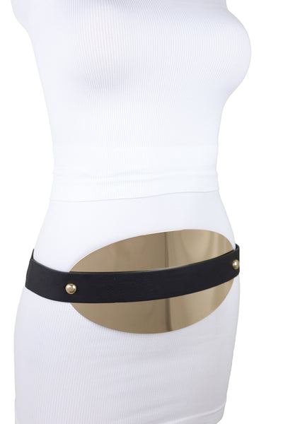 Brand New Women Black Elastic Wide Bling Fashion Belt Hip Waist Oval Gold Metal Plate S M