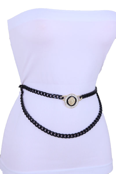 Sexy Look Women Fashion Belt Hip Waist Black Gold Metal Chain Bling Lion Charm Size M L XL