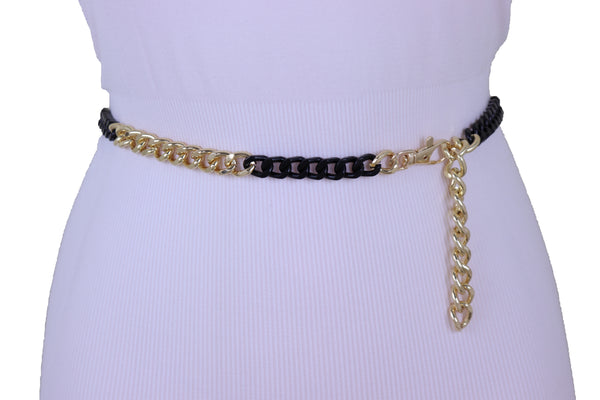 Brand New Women Belt Hip High Waist Gold Black Metal Chain Links Skinny Waistband XS S M
