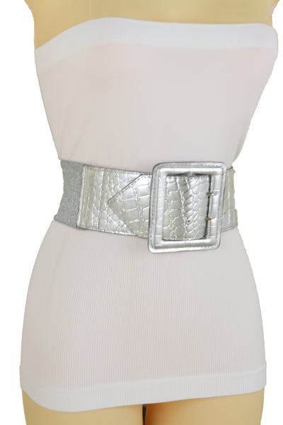 Brand New Women Hip Waist Silver Faux Leather Wide Elastic Belt Big Square Buckle M L XL