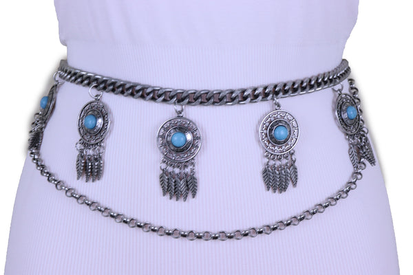 Women Antique Silver Metal Chain Western Belt Feather Turquoise Charms Fits Sizes XS S M
