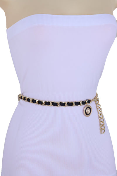Women Fashion Gold Metal Chain Links Black Sexy Belt Lion Medallion Charm Fit Sizes XS S M