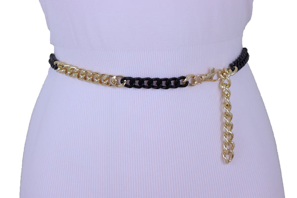 Women Gold Black Metal Chain Link Skinny Waistband Fashion Hip Waist Belt Fits Sizes M L XL