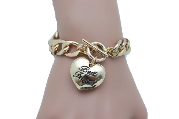 Women Bangle Bracelet Gold Metal Chain Heart Charm Fashion Jewelry Best Friend Love