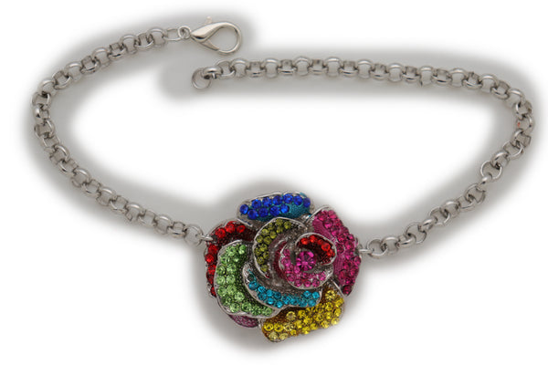 Brand New Women Silver Metal Chain Boot Bracelet Shoe Rose Flower Charm Western Jewelry