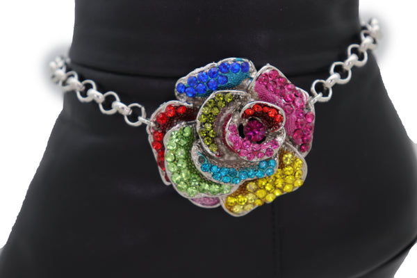 Brand New Women Silver Metal Chain Boot Bracelet Shoe Rose Flower Charm Western Jewelry