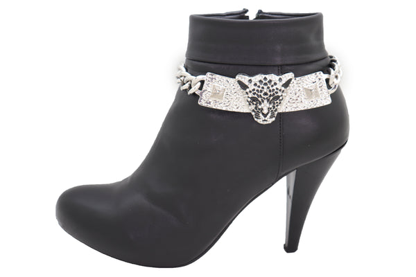 Brand New Women Silver Metal Chain Boot Bracelet Shoe Charm Tiger Leopard Plate Western