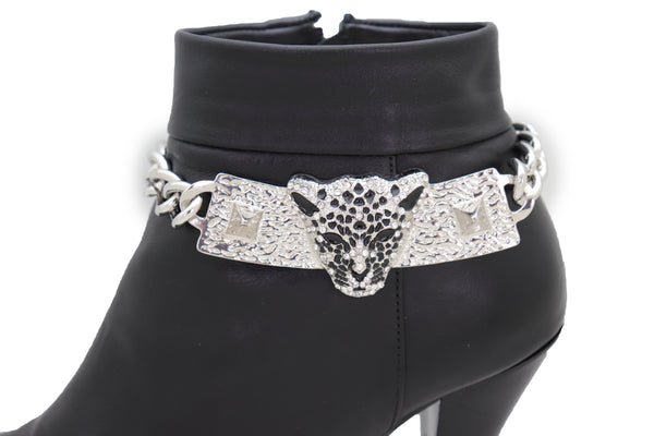 Brand New Women Silver Metal Chain Boot Bracelet Shoe Charm Tiger Leopard Plate Western