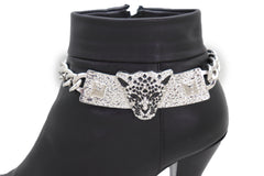 Silver Metal Chain Boot Bracelet Shoe Charm Tiger Leopard Plate Western