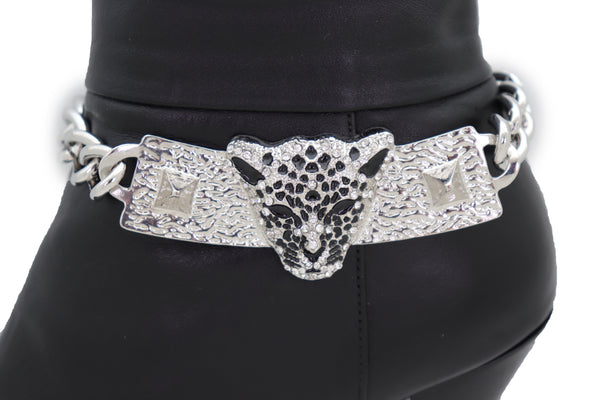 Brand New Women Silver Metal Chain Boot Bracelet Shoe Charm Tiger Leopard Plate Western
