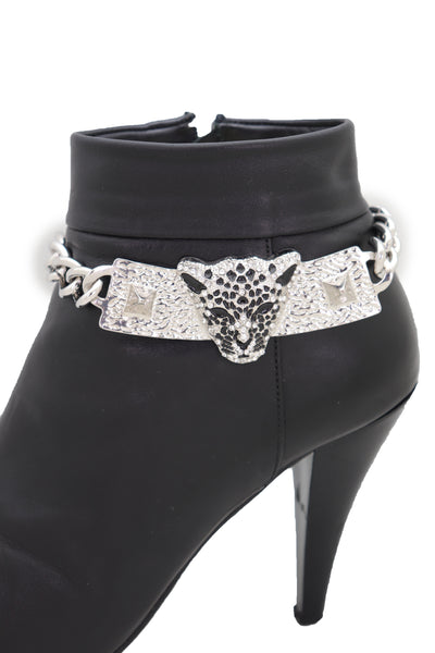 Brand New Women Silver Metal Chain Boot Bracelet Shoe Charm Tiger Leopard Plate Western