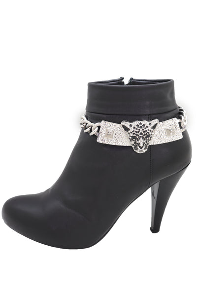Brand New Women Silver Metal Chain Boot Bracelet Shoe Charm Tiger Leopard Plate Western