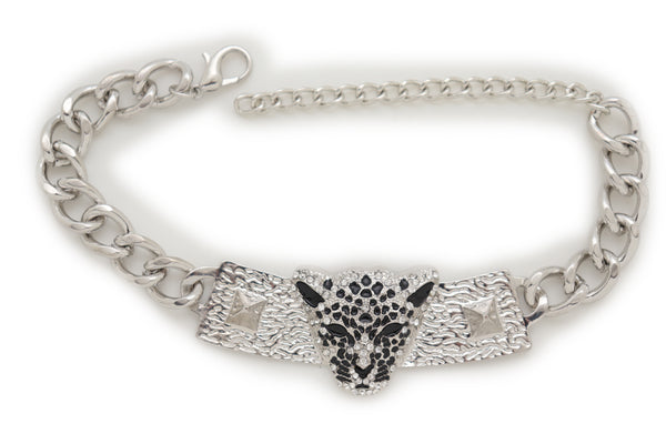 Brand New Women Silver Metal Chain Boot Bracelet Shoe Charm Tiger Leopard Plate Western
