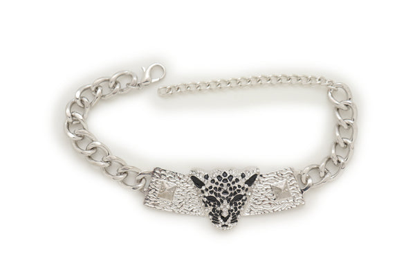 Brand New Women Silver Metal Chain Boot Bracelet Shoe Charm Tiger Leopard Plate Western