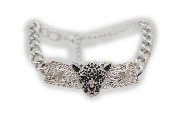 Brand New Women Silver Metal Chain Boot Bracelet Shoe Charm Tiger Leopard Plate Western