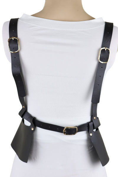 Brand New Women Black Faux Leather Steampunk Fashion Belt Suspender Adjustable Size XS S