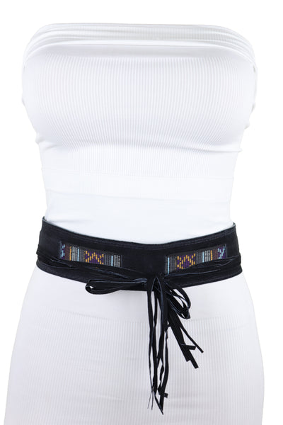 Brand New Women Black Fabric Wrap Around Ethnic Bohemian Fashion Tie Belt Hip Waist S M L