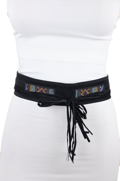 Brand New Women Black Fabric Wrap Around Ethnic Bohemian Fashion Tie Belt Hip Waist S M L