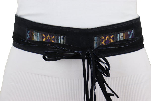 Brand New Women Black Fabric Wrap Around Ethnic Bohemian Fashion Tie Belt Hip Waist S M L