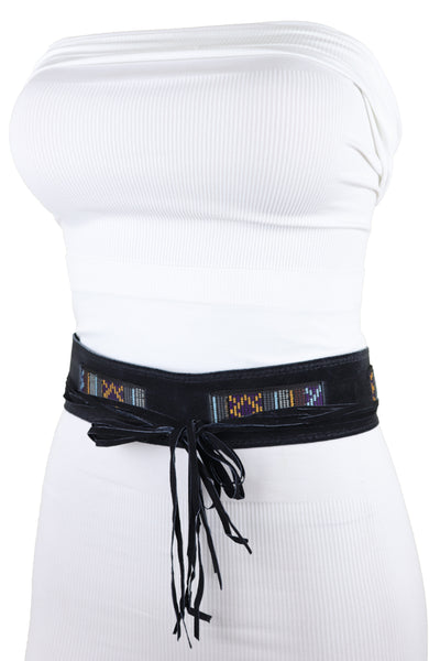 Brand New Women Black Fabric Wrap Around Ethnic Bohemian Fashion Tie Belt Hip Waist S M L