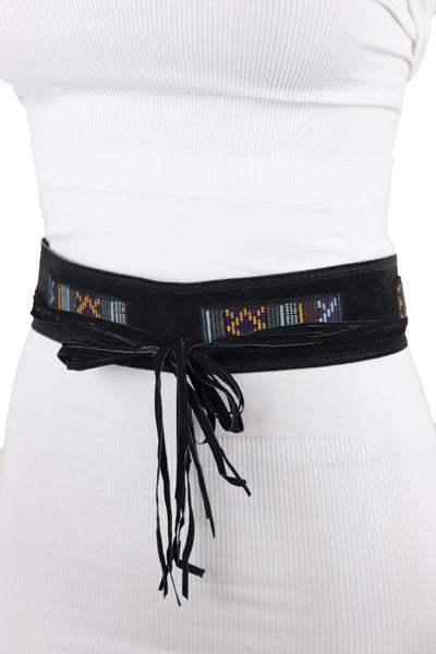 Brand New Women Black Fabric Wrap Around Ethnic Bohemian Fashion Tie Belt Hip Waist S M L