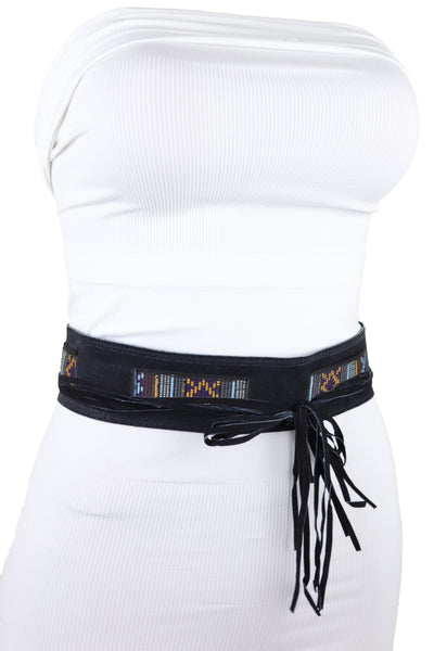Brand New Women Black Fabric Wrap Around Ethnic Bohemian Fashion Tie Belt Hip Waist S M L