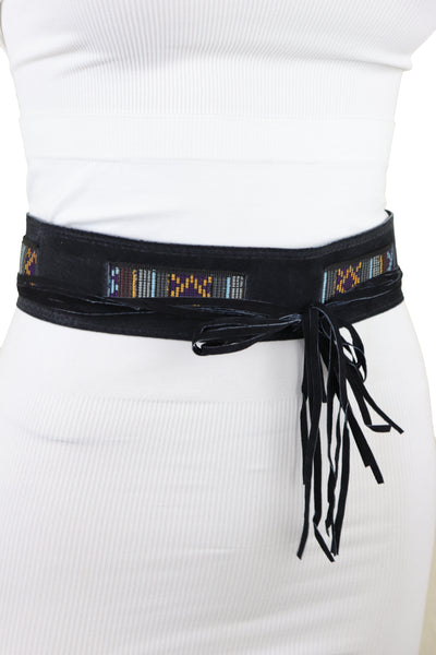 Brand New Women Black Fabric Wrap Around Ethnic Bohemian Fashion Tie Belt Hip Waist S M L