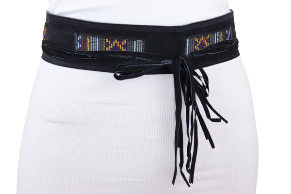 Brand New Women Black Fabric Wrap Around Ethnic Bohemian Fashion Tie Belt Hip Waist S M L